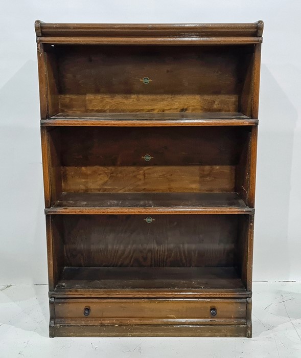 Oak three-section Globe Wernicke bookcase with drawer section to base (no doors), 86.5cm x 130cm
