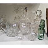 Antique cut glass decanter, mallet-shaped, three other decanters, two modern water jug and four
