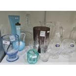 Two cut glass vases, cut glass water jug, blue opaline vase and ewer, blue bubble glass vase and
