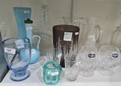 Two cut glass vases, cut glass water jug, blue opaline vase and ewer, blue bubble glass vase and