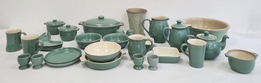 Collection of green glazed Denby pottery stoneware comprising eggcups, jug, teapot, hot water jug,