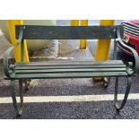 Wrought iron and wooden slatted bench, 110cm wide