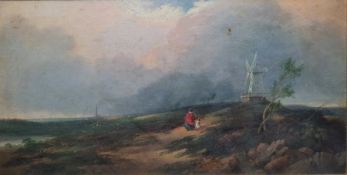 Edward John Niemann (1813-1876)  Oil on canvas board Figures walking towards windmill in windswept