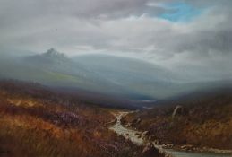 G Trevor Gouache drawing Moorland landscape with stream, signed, 34cm x 52cm