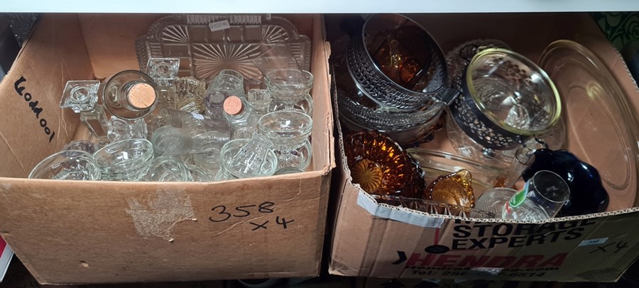 Four boxes of assorted glassware including blue glass tumblers, vintage smoked wine glasses,
