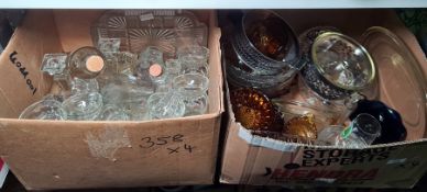 Four boxes of assorted glassware including blue glass tumblers, vintage smoked wine glasses,