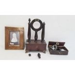 Antique stained wood watch stand with three turned acorn finials, having gadrooned columns, the base