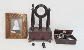 Antique stained wood watch stand with three turned acorn finials, having gadrooned columns, the base