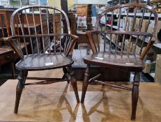 Elm seated child's Windsor chair on turned supports, stretchered base and another similar (2)