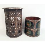 Painted bucket-style waste paper bin and an Anglo-Indian bone inlaid octagonal occasional table (