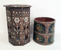 Painted bucket-style waste paper bin and an Anglo-Indian bone inlaid octagonal occasional table (