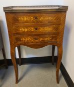 19th century French-style three-drawer chest with brass three-quarter gallery top, foliate parquetry