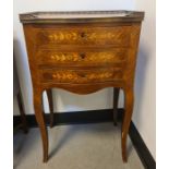 19th century French-style three-drawer chest with brass three-quarter gallery top, foliate parquetry