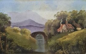 19th century school Oil on board Country scene with bridge over water, unsigned, 17.5cm x 28cm