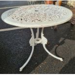 Cast pierced aluminium circular garden table in white, 68cm diameter