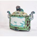 Chinese porcelain censer and cover, oval, straight-sided with Dog of Fo knop, in famille verte