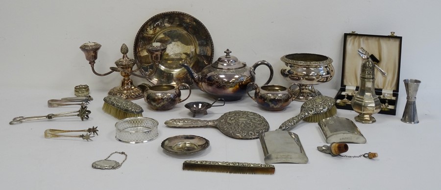 Quantity of plated ware to include teapot, two-branch candelabra, cased set of teaspoons, dressing