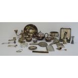 Quantity of plated ware to include teapot, two-branch candelabra, cased set of teaspoons, dressing