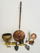 Flat iron and trivet, brass thermometer, metal money box and other metal items