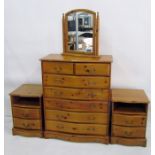 20th century serpentine fronted chest of six drawers, two pine bedside chests and a table-top mirror