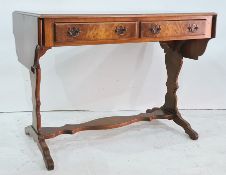 20th century sofa table with two drawers, vase-shaped end pillar supports, shaped stretcher