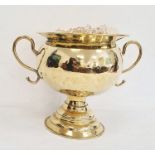 19th century high polished brass two-handled bowl on stepped pedestal base, 28cm high and a