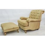 Two Kirkdale, in the manner of Howard & Sons of London, button back armchairs in greeny/yellow