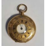 14ct gold cased fob watch with engraved decoration and Roman numeral enamel dial, marked '14K',