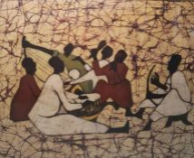 20th century Printed African gathering scene on fabric, 50cm x 61cm