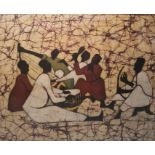 20th century Printed African gathering scene on fabric, 50cm x 61cm