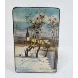 Russian rectangular lacquered box, black with winter scene to lid, signed indistinctly lower right