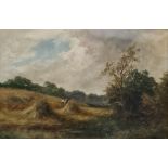 F Walters  Oil on canvas Cornfield during harvest, labelled 'An Essex Cornfield', signed lower