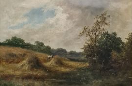 F Walters  Oil on canvas Cornfield during harvest, labelled 'An Essex Cornfield', signed lower