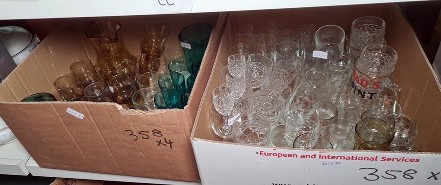 Four boxes of assorted glassware including blue glass tumblers, vintage smoked wine glasses, - Image 2 of 2