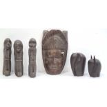 Carved African mask, carved monkeys 'See No Evil, Hear No Evil and Speak No Evil', two carved