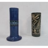 Brannam Barum tall cylindrical blue ground pottery vase with slip trailed band of stylised harebells