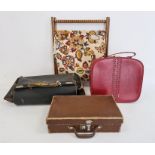 Gladstone bag (some damage), a small brown fibre suitcase, a red plastic vanity case and a stained