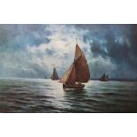 After Harold Webb Colour prints Red sailed fishing boat in high seas and another in calm waters