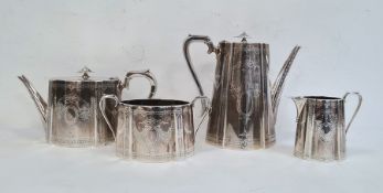 Victorian silver four-piece tea service comprising teapot, sugar bowl, milk jug and hot water pot,