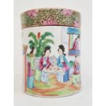 Chinese Canton porcelain tea caddy and cover, cylindrical and painted with figures in a garden, in