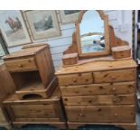 20th century pine chest of two short over three long drawers, a blanket chest, a bedside chest and a