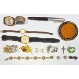 Quantity of costume jewellery, beaded necklaces, brooches, wristwatches, compacts, pair of opal
