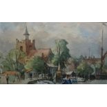 Paul Banning Watercolour "Rising Tide, Maldon", harbour scene with church and buildings in