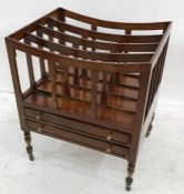 Modern mahogany four-section Canterbury with single drawer, turned supports to brass caps and