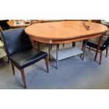 20th century, probably G-Plan Fresco, teak extending dining table (one leg damaged) and four black