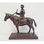 Bronze sculpture of jockey on horse, on stepped rectangular base, unattributed, stamped 'Green and