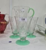 Art Deco style clear and green opaque part lemonade set viz:- jug and five tumblers, each tapering