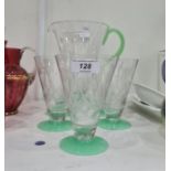 Art Deco style clear and green opaque part lemonade set viz:- jug and five tumblers, each tapering