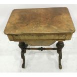 Early Victorian figured walnut and inlaid sewing table, the rectangular top with rounded corners