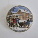 Pot lid 'Alas! Poor Bruin' decorated with children throwing snowballs with school for boys and '